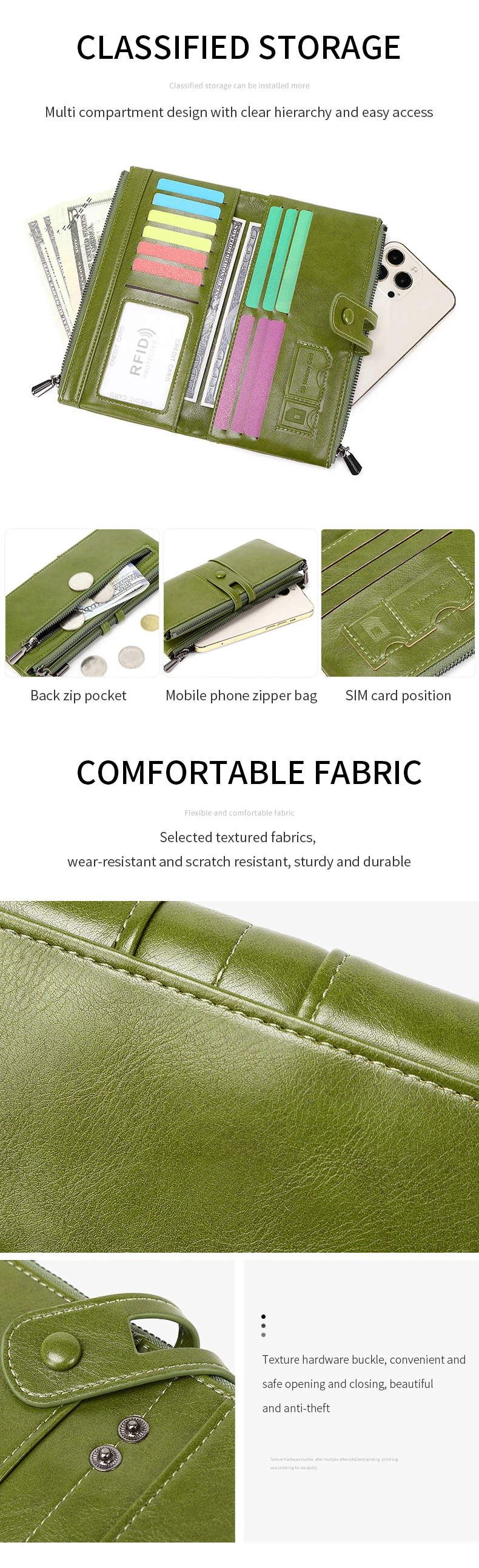 Hot Selling RFID Women's Long Wallet PU Leather Handbag with Multiple Card Slots, Coin Zipper Wallet, Women's Mobile Wallet