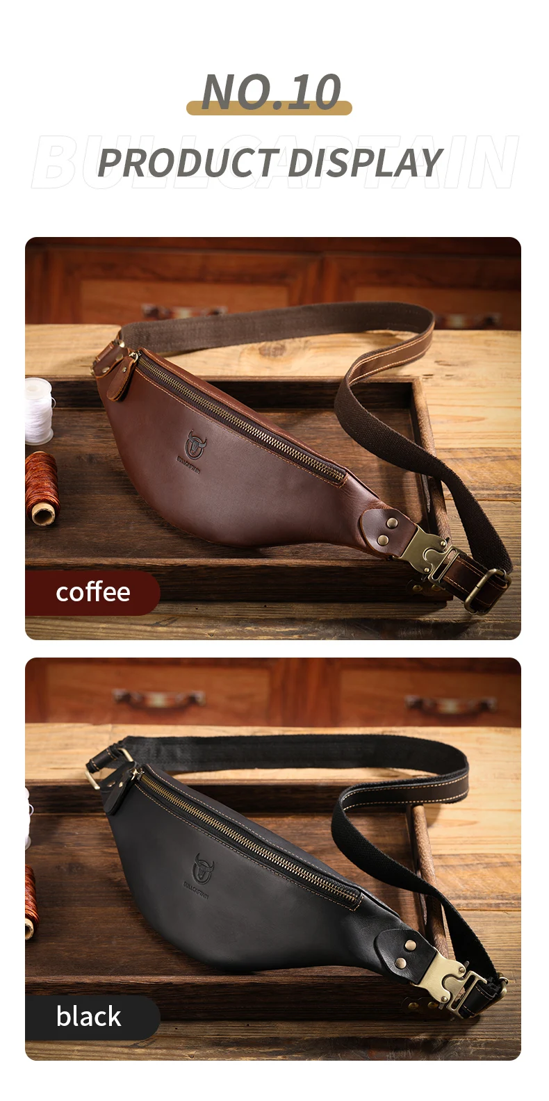 BULLCAPTAIN Men's Crazy Horse Leather Belt Bag Classic Retro Crossbody Bag Outdoor Storage Mountaineering Mobile Phone Bag