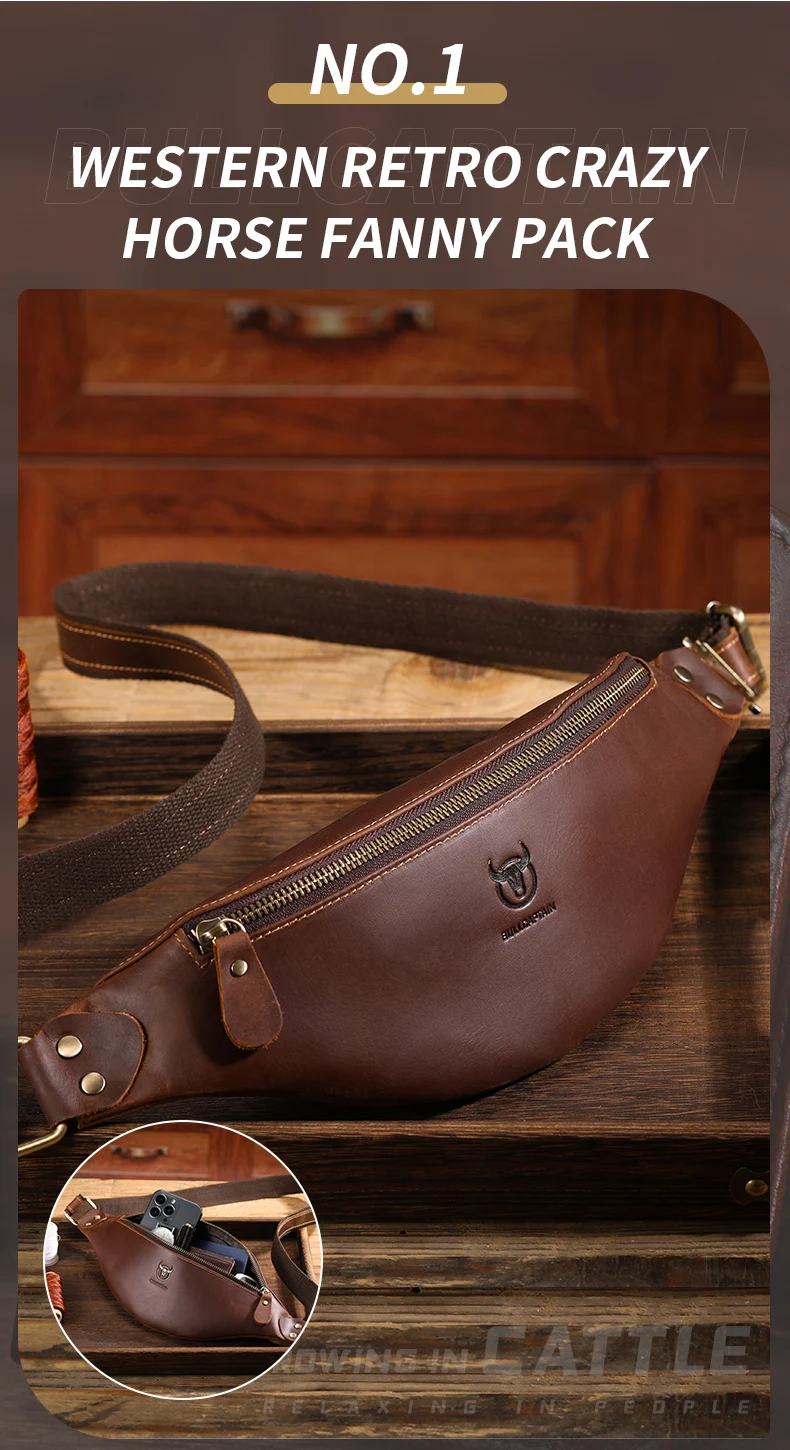 BULLCAPTAIN Men's Crazy Horse Leather Belt Bag Classic Retro Crossbody Bag Outdoor Storage Mountaineering Mobile Phone Bag