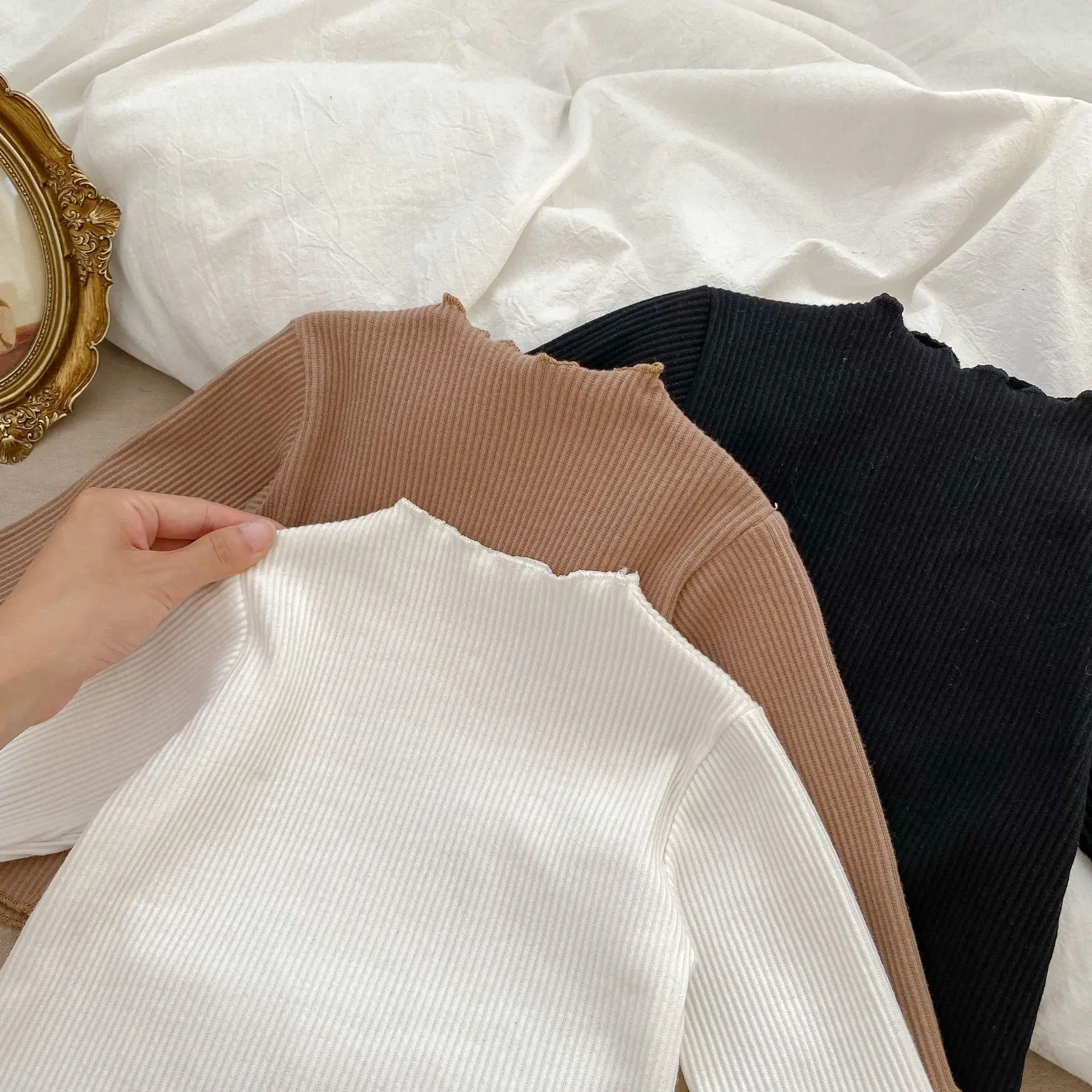 MiniAinis Autumn Winter Baby Wood Ear Edge Long Sleeve T-shirt Girls Cotton Ski Suit Girl Underlay Versatile Top Kids Clothes