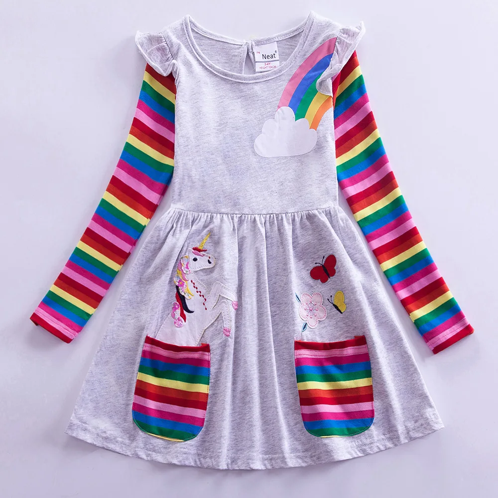 Girls' Long Sleeve Unicorn Dress Autumn Embroidery Two Pockets Rainbow Sleeves 81035