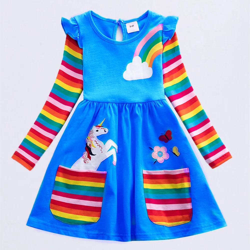 Girls' Long Sleeve Unicorn Dress Autumn Embroidery Two Pockets Rainbow Sleeves 81035