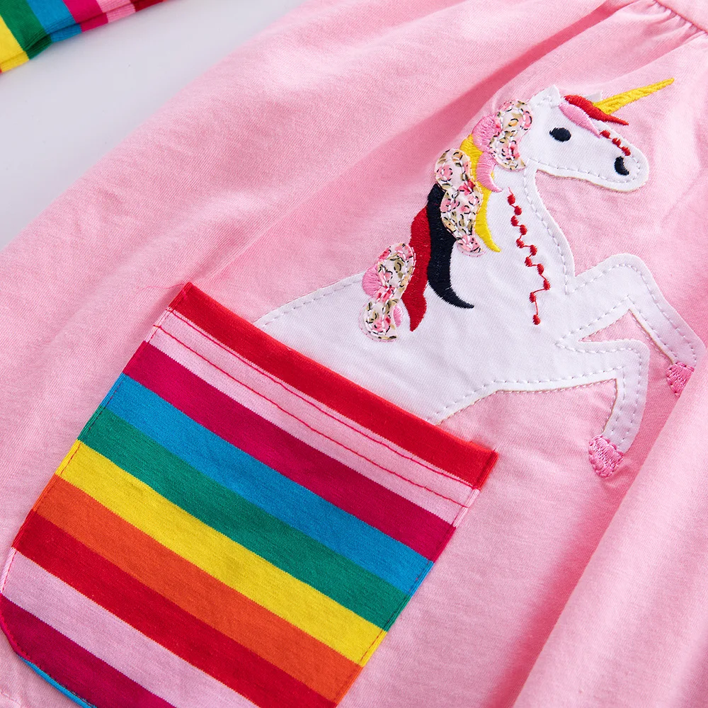 Girls' Long Sleeve Unicorn Dress Autumn Embroidery Two Pockets Rainbow Sleeves 81035