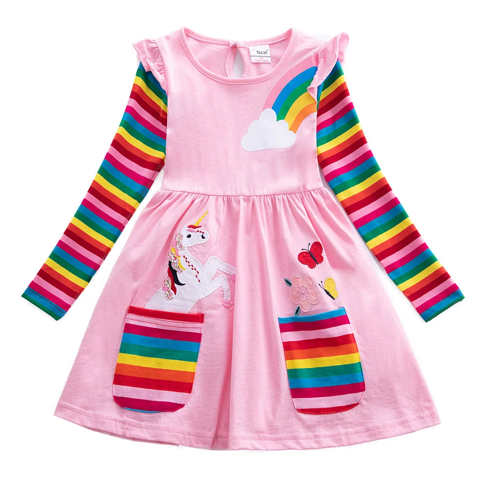 Girls' Long Sleeve Unicorn Dress Autumn Embroidery Two Pockets Rainbow Sleeves 81035