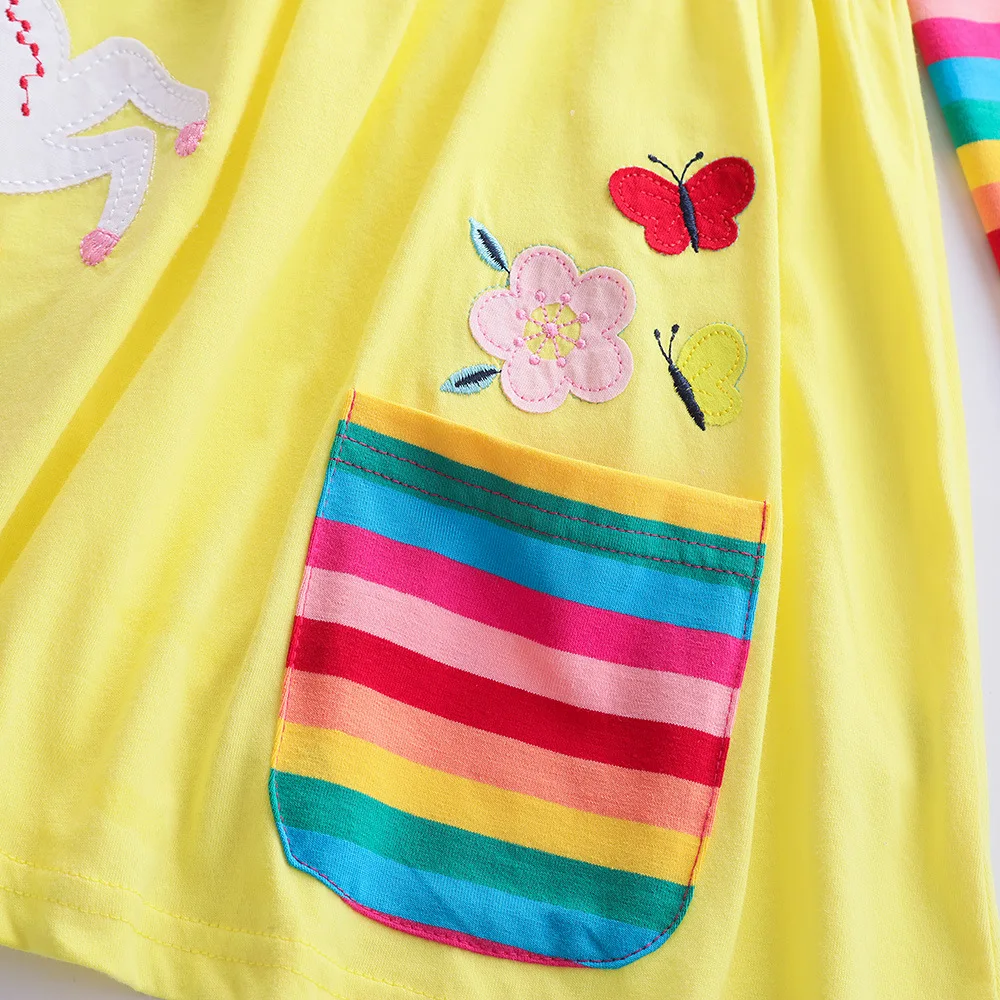 Girls' Long Sleeve Unicorn Dress Autumn Embroidery Two Pockets Rainbow Sleeves 81035