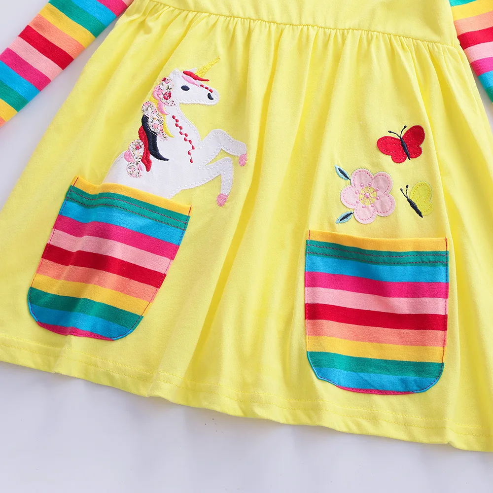 Girls' Long Sleeve Unicorn Dress Autumn Embroidery Two Pockets Rainbow Sleeves 81035