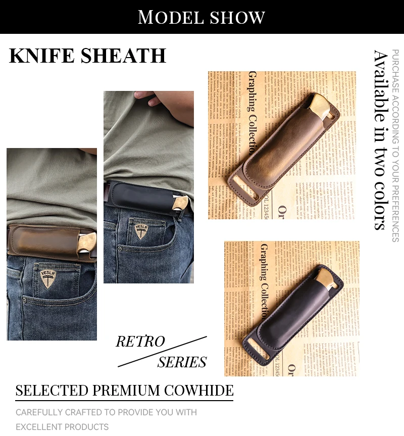 RIYAO Genuine Leather Folding Knife Sheath Waist Belt Knife Case Outdoor Tools Storage Pocket Knives Cowhide Protective Case Men