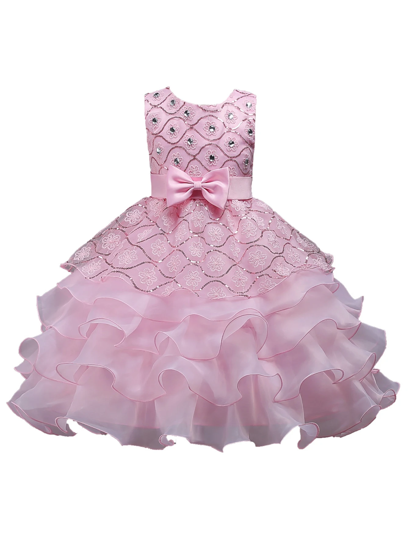 Girls Elegant Floral Embroidery Bowknot Decor Sleeveless Layered Mesh Princess Dress Clothes