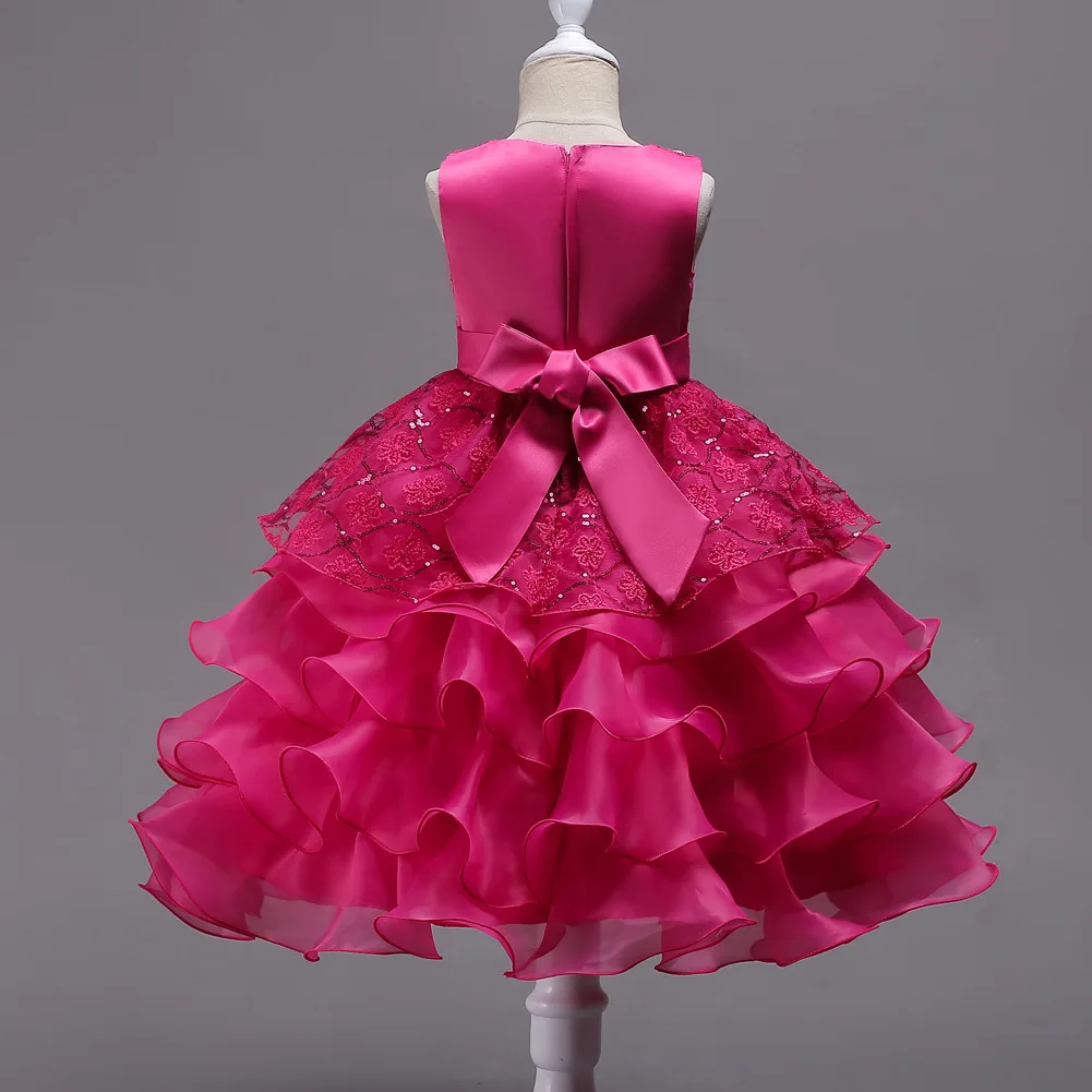 Girls Elegant Floral Embroidery Bowknot Decor Sleeveless Layered Mesh Princess Dress Clothes