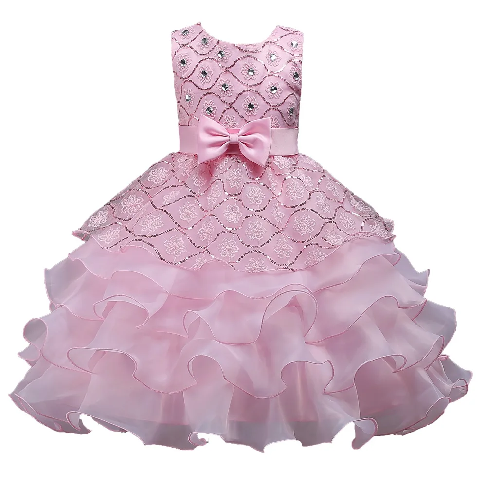 Girls Elegant Floral Embroidery Bowknot Decor Sleeveless Layered Mesh Princess Dress Clothes