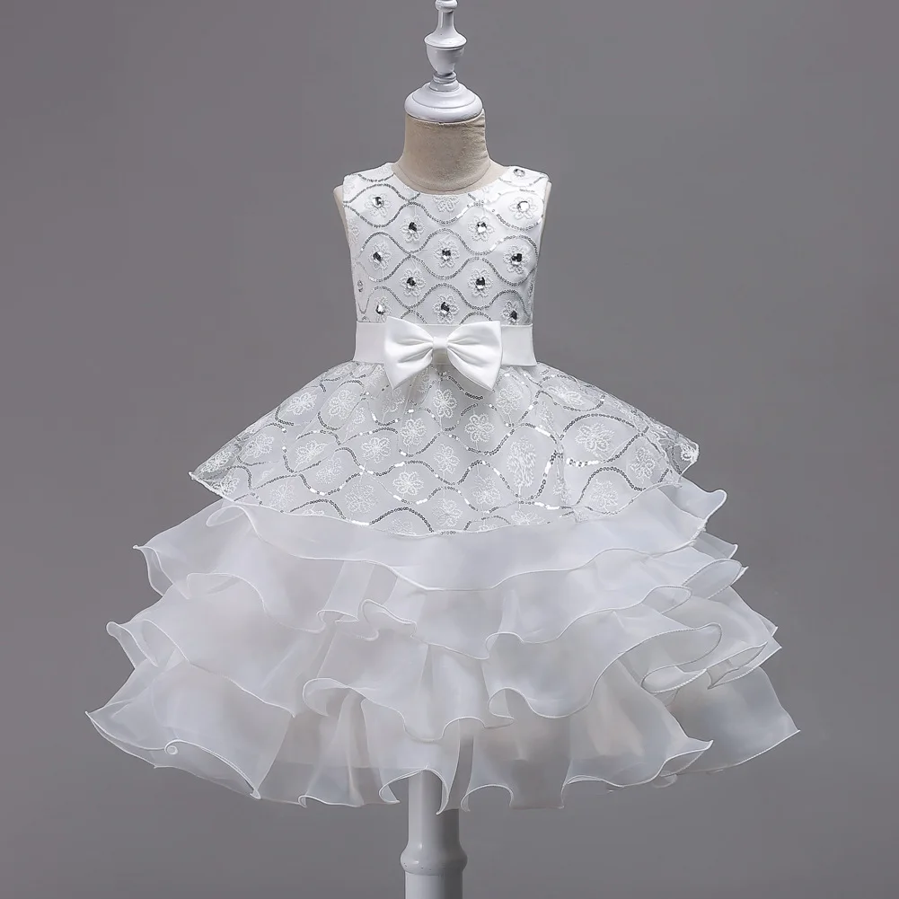 Girls Elegant Floral Embroidery Bowknot Decor Sleeveless Layered Mesh Princess Dress Clothes