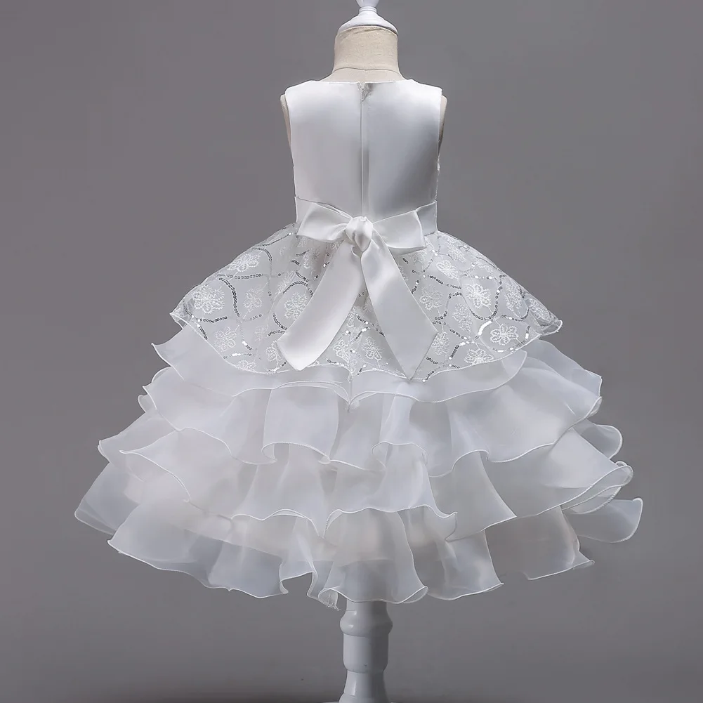Girls Elegant Floral Embroidery Bowknot Decor Sleeveless Layered Mesh Princess Dress Clothes