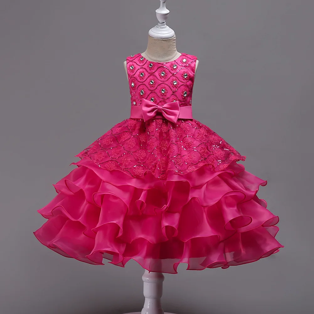 Girls Elegant Floral Embroidery Bowknot Decor Sleeveless Layered Mesh Princess Dress Clothes
