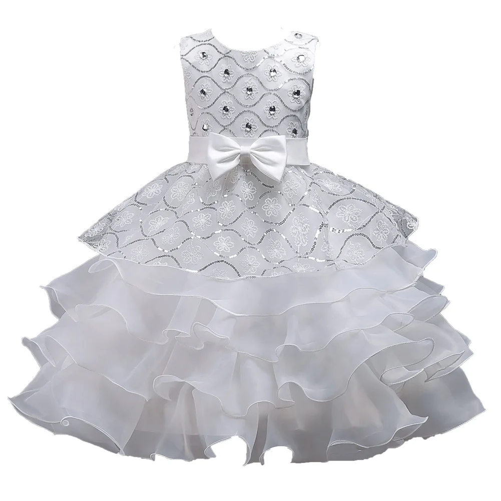 Girls Elegant Floral Embroidery Bowknot Decor Sleeveless Layered Mesh Princess Dress Clothes