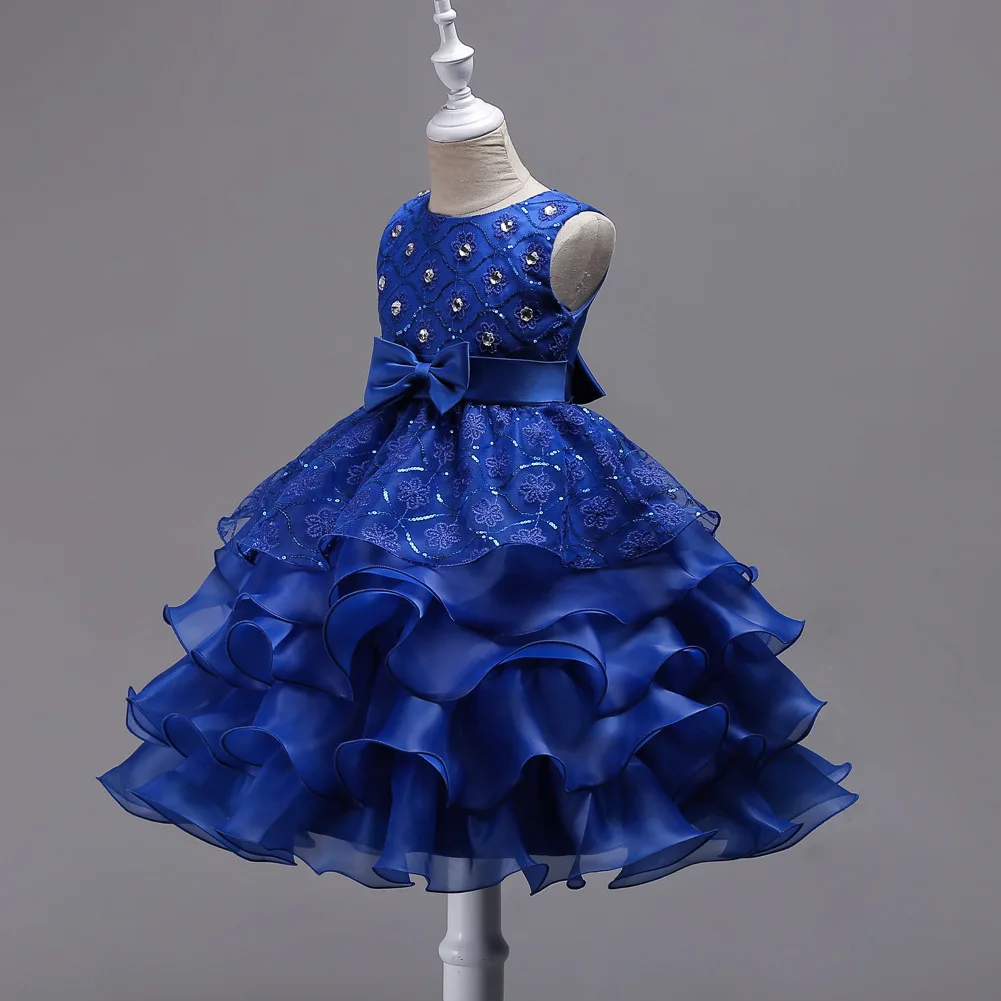 Girls Elegant Floral Embroidery Bowknot Decor Sleeveless Layered Mesh Princess Dress Clothes