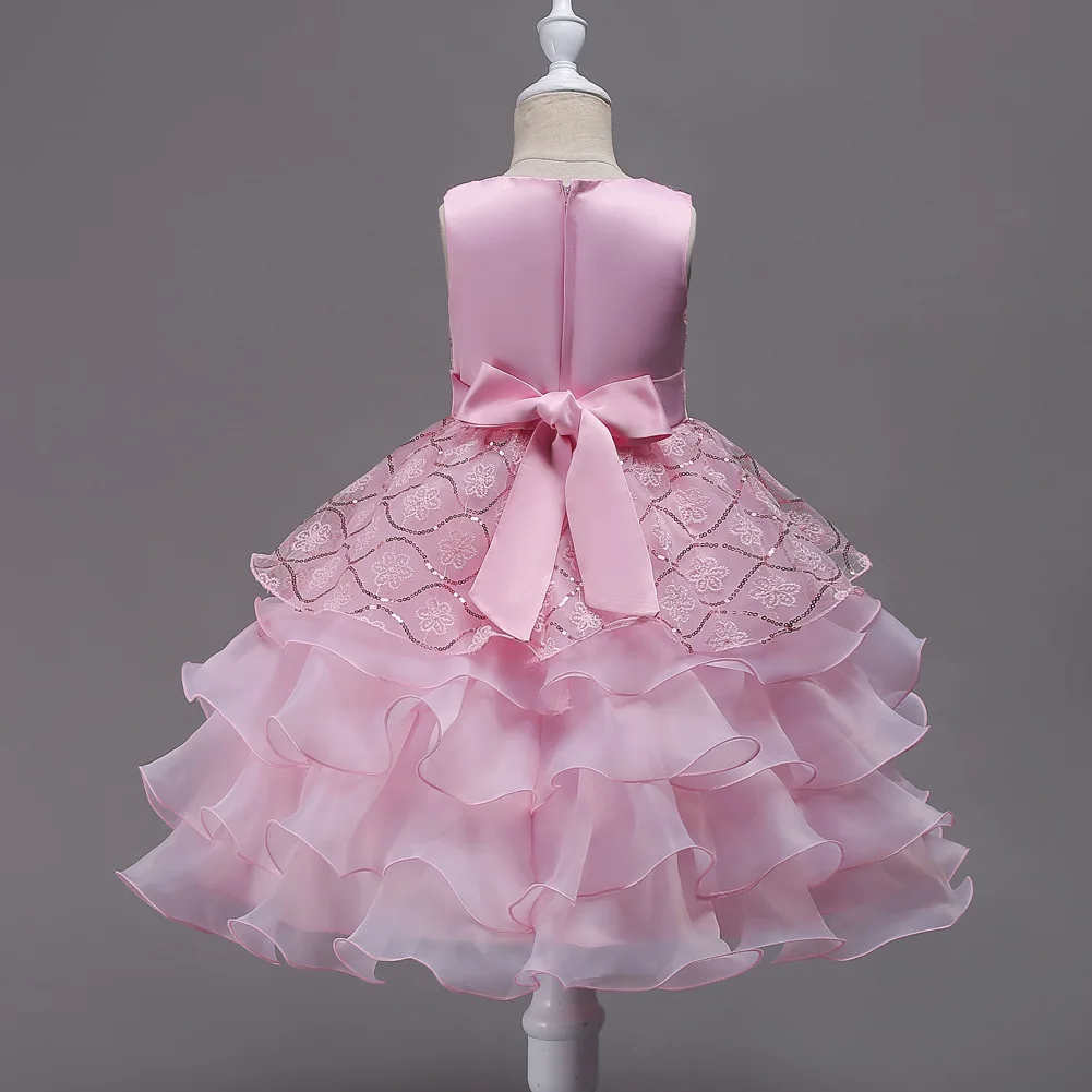 Girls Elegant Floral Embroidery Bowknot Decor Sleeveless Layered Mesh Princess Dress Clothes
