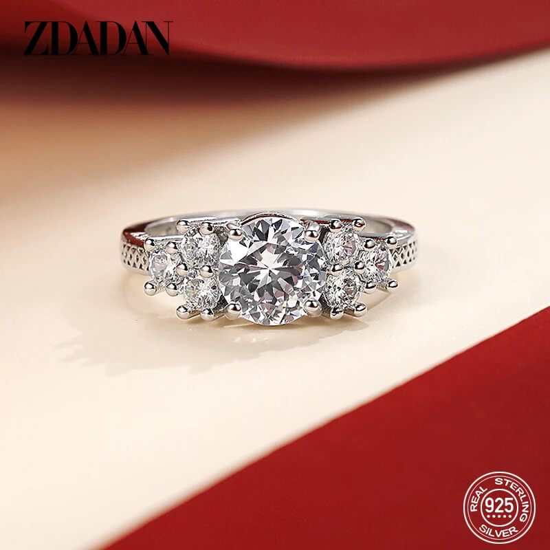 ZDADAN 925 Sterling Silver 8MM Zircon Finger Ring For Women Fashion Wedding Jewelry Accessories Wholesale