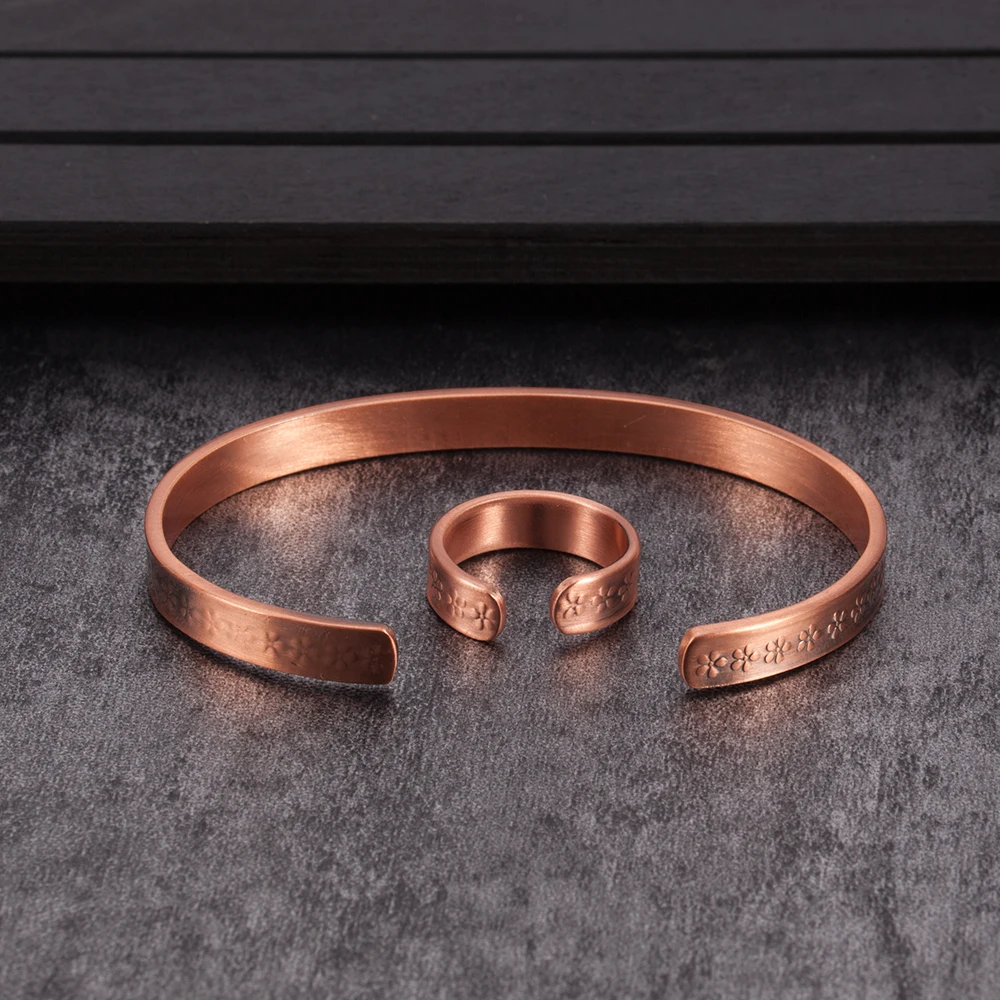 Pure Copper Jewelry Set for Women Flower Adjustable Open Cuff Magnet Arthritis Pain Relief Rings 6mm Health Energy Jewelry-sets
