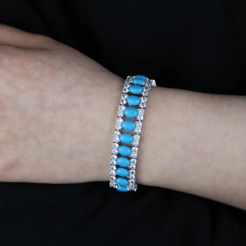 Fashion Jewelry Turquoise Blue Double Row White CZ Stone Tennis Bracelet for Women with Platinum Plated Color Chain 17cm 19cm