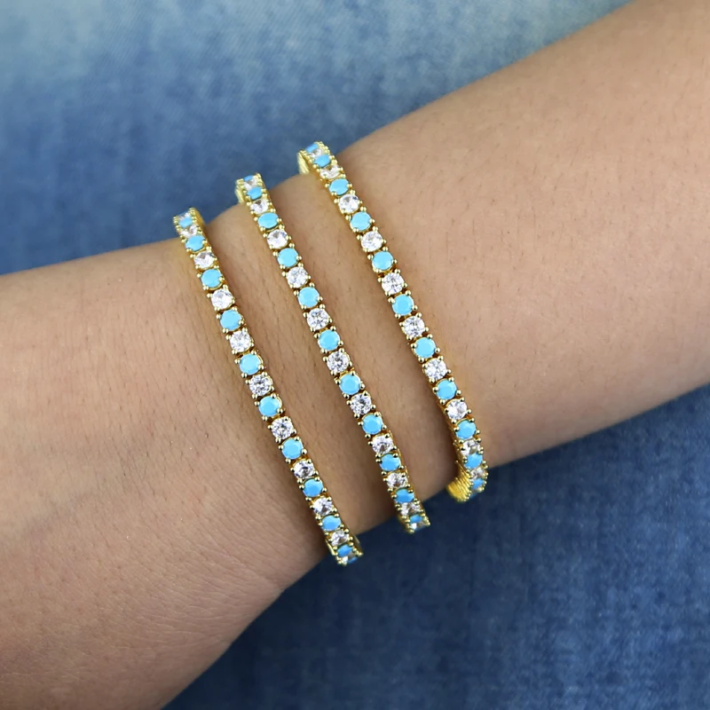 Fashion Jewelry Turquoise Blue Double Row White CZ Stone Tennis Bracelet for Women with Platinum Plated Color Chain 17cm 19cm