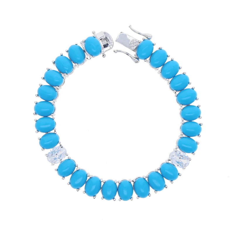 Fashion Jewelry Turquoise Blue Double Row White CZ Stone Tennis Bracelet for Women with Platinum Plated Color Chain 17cm 19cm