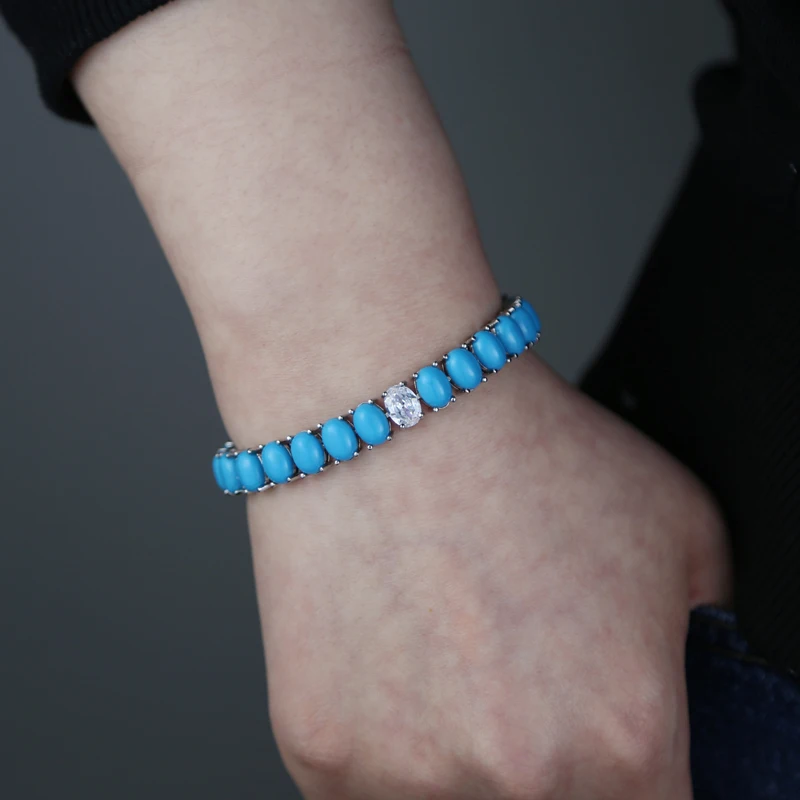 Fashion Jewelry Turquoise Blue Double Row White CZ Stone Tennis Bracelet for Women with Platinum Plated Color Chain 17cm 19cm