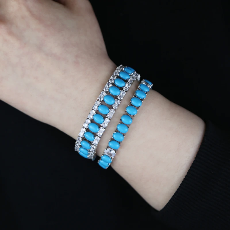 Fashion Jewelry Turquoise Blue Double Row White CZ Stone Tennis Bracelet for Women with Platinum Plated Color Chain 17cm 19cm