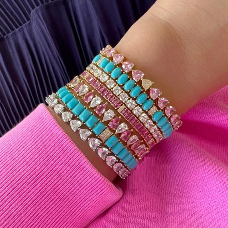 Fashion Jewelry Turquoise Blue Double Row White CZ Stone Tennis Bracelet for Women with Platinum Plated Color Chain 17cm 19cm
