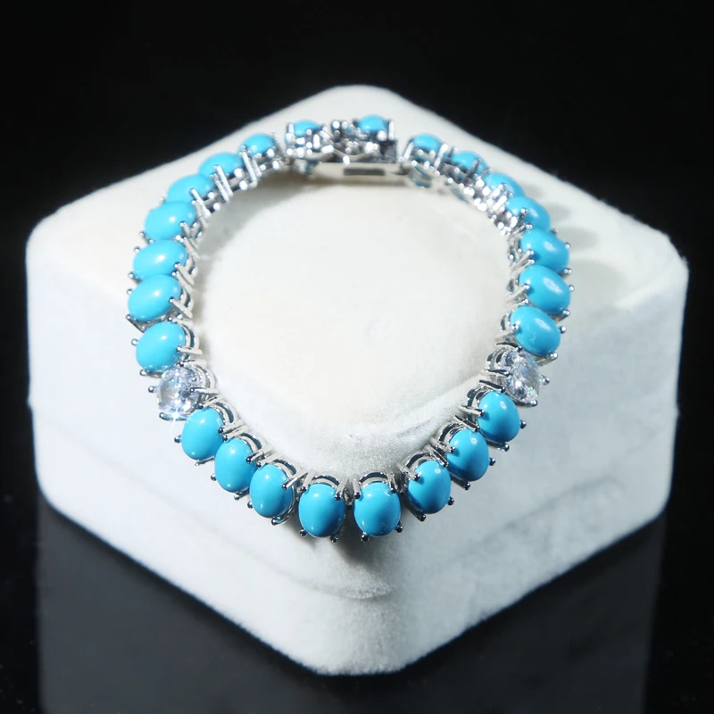 Fashion Jewelry Turquoise Blue Double Row White CZ Stone Tennis Bracelet for Women with Platinum Plated Color Chain 17cm 19cm