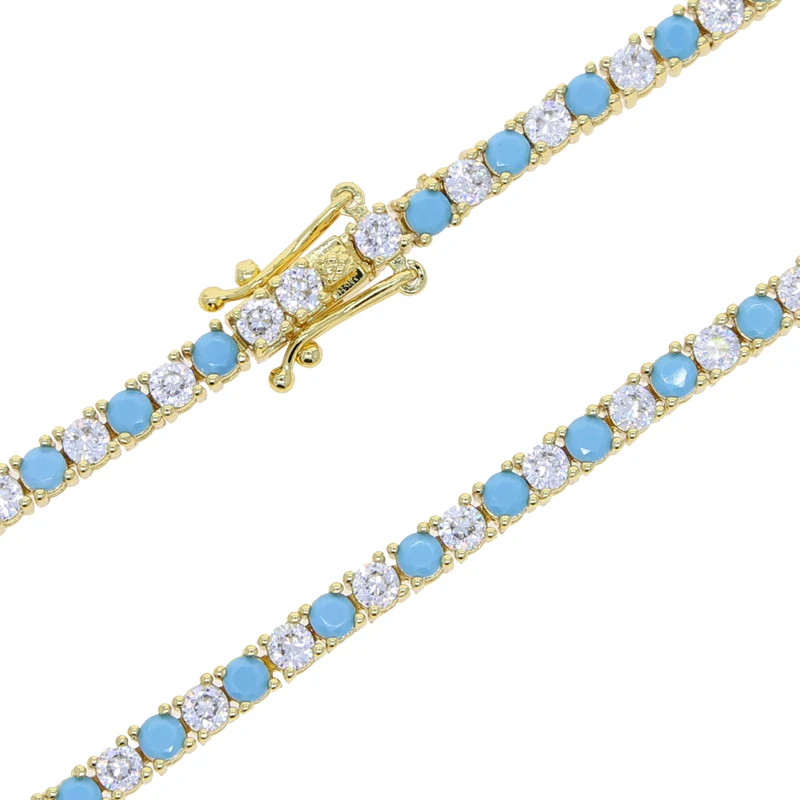 Fashion Jewelry Turquoise Blue Double Row White CZ Stone Tennis Bracelet for Women with Platinum Plated Color Chain 17cm 19cm