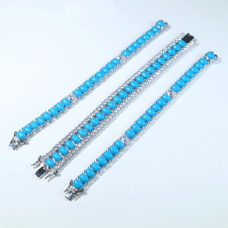 Fashion Jewelry Turquoise Blue Double Row White CZ Stone Tennis Bracelet for Women with Platinum Plated Color Chain 17cm 19cm