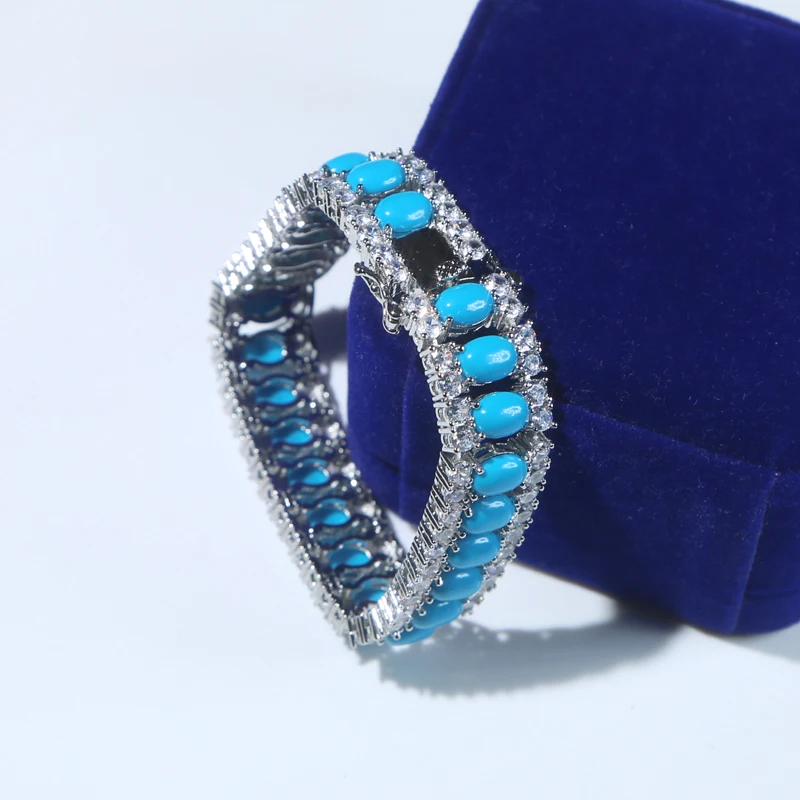Fashion Jewelry Turquoise Blue Double Row White CZ Stone Tennis Bracelet for Women with Platinum Plated Color Chain 17cm 19cm