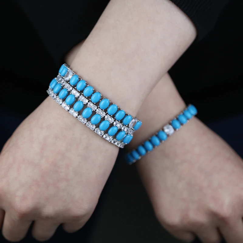 Fashion Jewelry Turquoise Blue Double Row White CZ Stone Tennis Bracelet for Women with Platinum Plated Color Chain 17cm 19cm