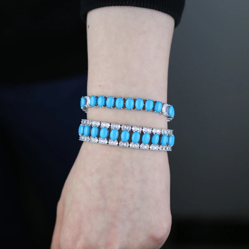 Fashion Jewelry Turquoise Blue Double Row White CZ Stone Tennis Bracelet for Women with Platinum Plated Color Chain 17cm 19cm