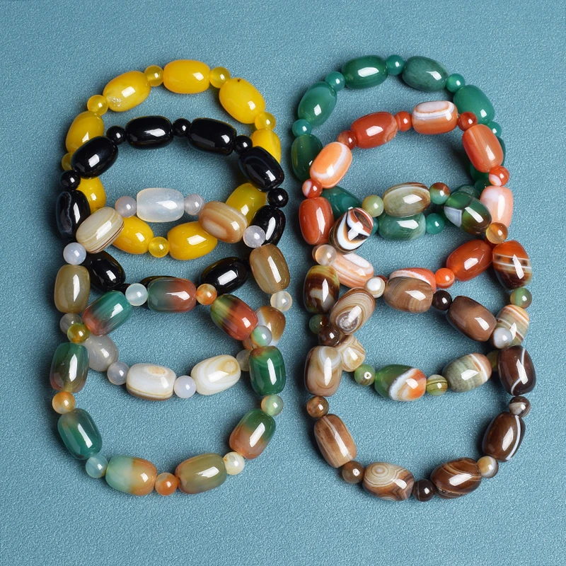 Natural Stone Coffee Lace Agates Bracelet Cylinder Drum Barrel Shape Jades Beads Bracelets On Hand Brown Exquisite Bangles Gift