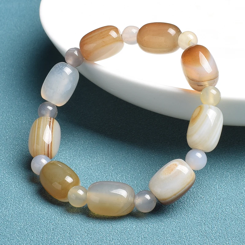 Natural Stone Coffee Lace Agates Bracelet Cylinder Drum Barrel Shape Jades Beads Bracelets On Hand Brown Exquisite Bangles Gift