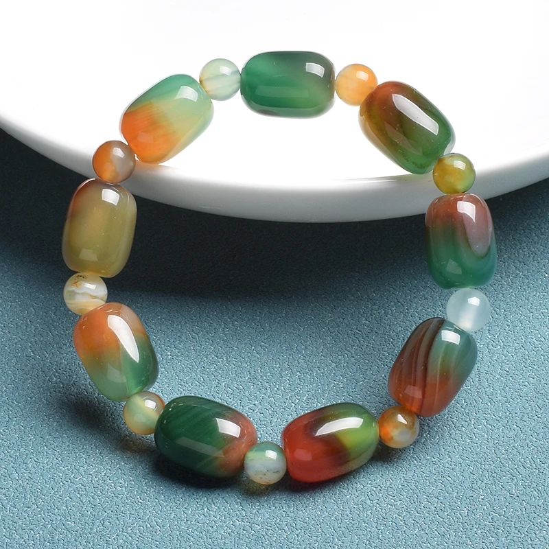 Natural Stone Coffee Lace Agates Bracelet Cylinder Drum Barrel Shape Jades Beads Bracelets On Hand Brown Exquisite Bangles Gift