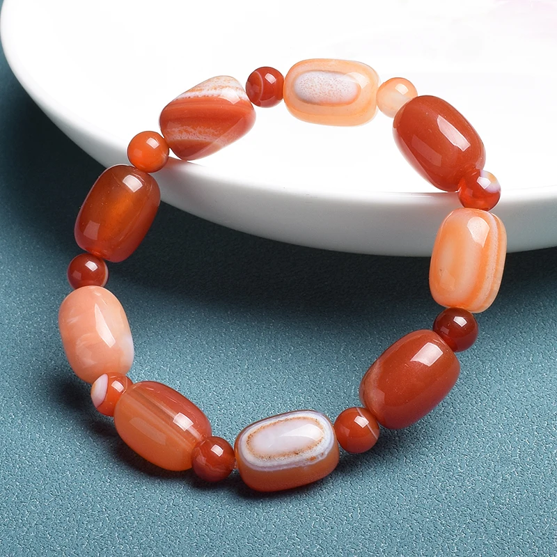 Natural Stone Coffee Lace Agates Bracelet Cylinder Drum Barrel Shape Jades Beads Bracelets On Hand Brown Exquisite Bangles Gift