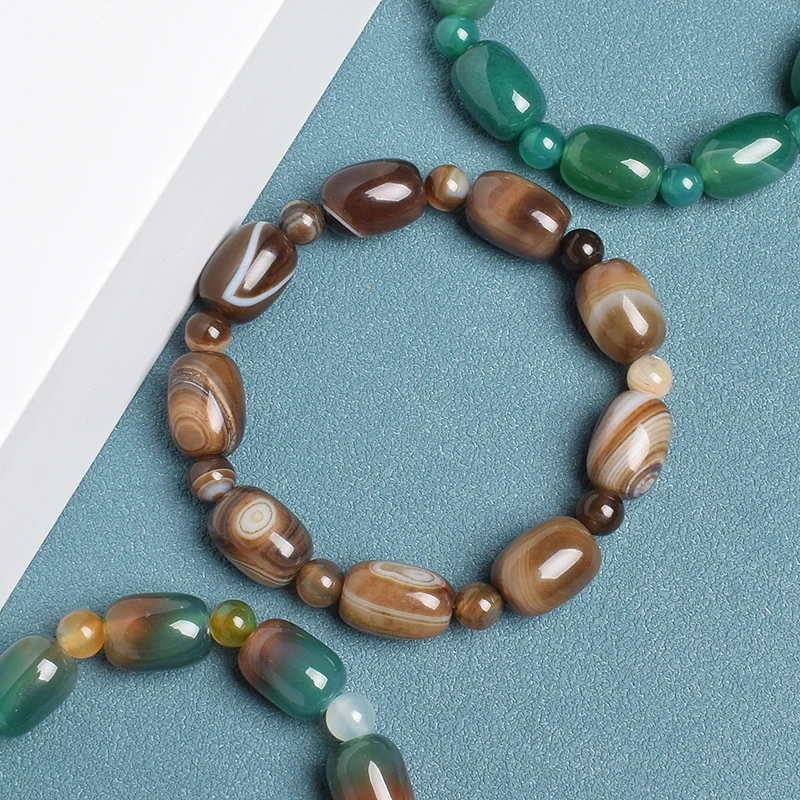 Natural Stone Coffee Lace Agates Bracelet Cylinder Drum Barrel Shape Jades Beads Bracelets On Hand Brown Exquisite Bangles Gift