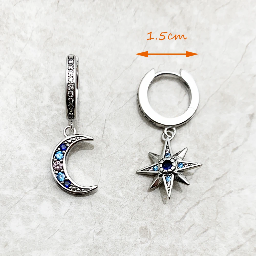 Royalty Star & Moon Hinged Hoop Bohemia Fine Jewerly For Women Lucky Gift In 925 Sterling Silver