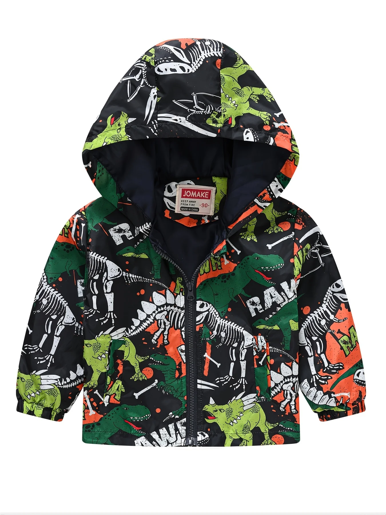 Boys Cartoon Dinosaur Print Zipper Hooded Jacket, Cardigan Collar Zipper Jacket,Kids Clothes Windbeark