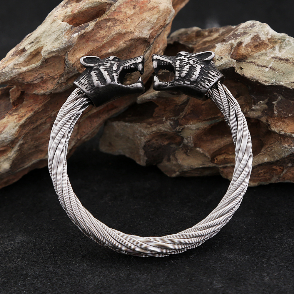 Fashion Retro Viking Double Wolf Head Bracelet for Men Punk Stainless Steel Twisted Cable Open Cuff Bangle Bracelet Dropshipping