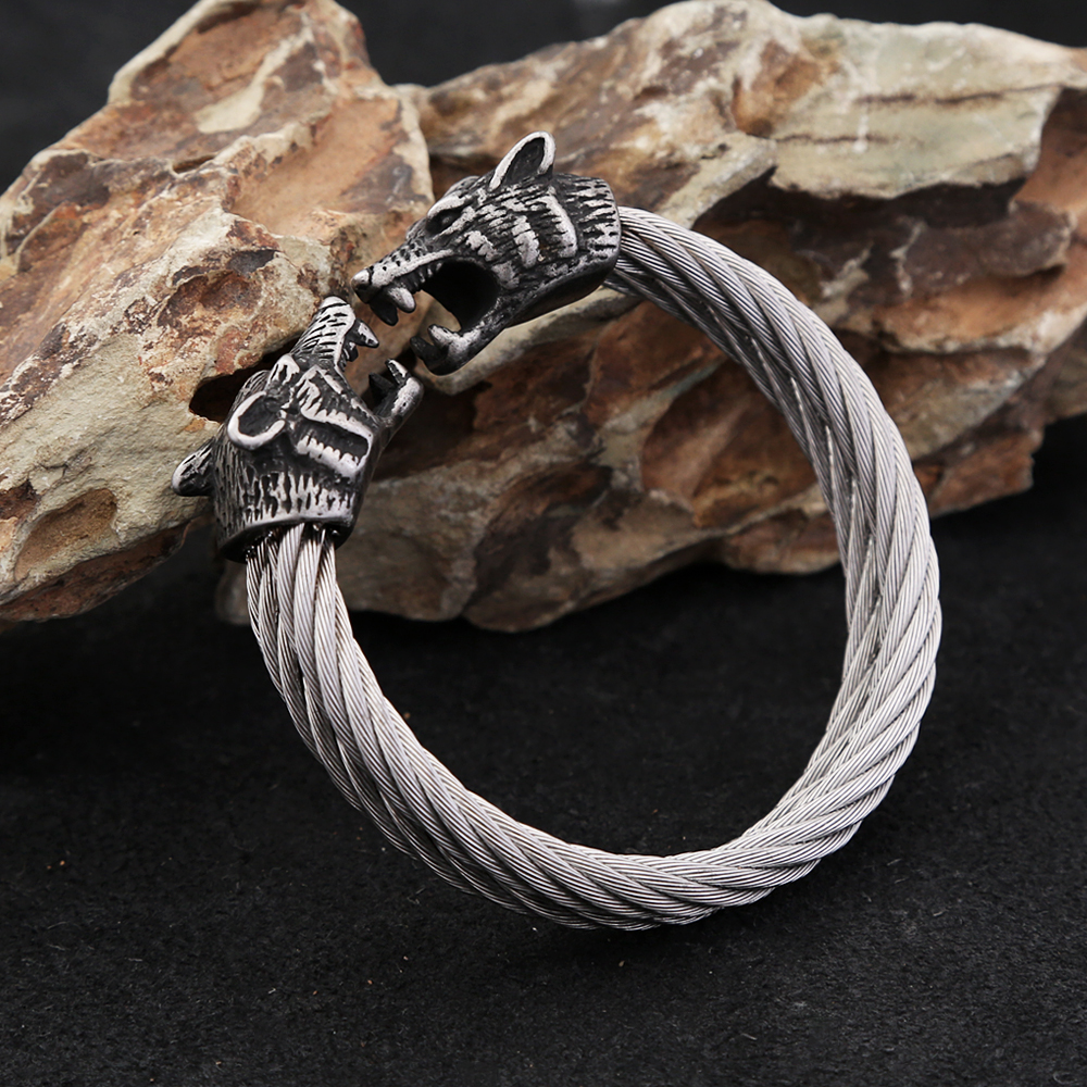 Fashion Retro Viking Double Wolf Head Bracelet for Men Punk Stainless Steel Twisted Cable Open Cuff Bangle Bracelet Dropshipping