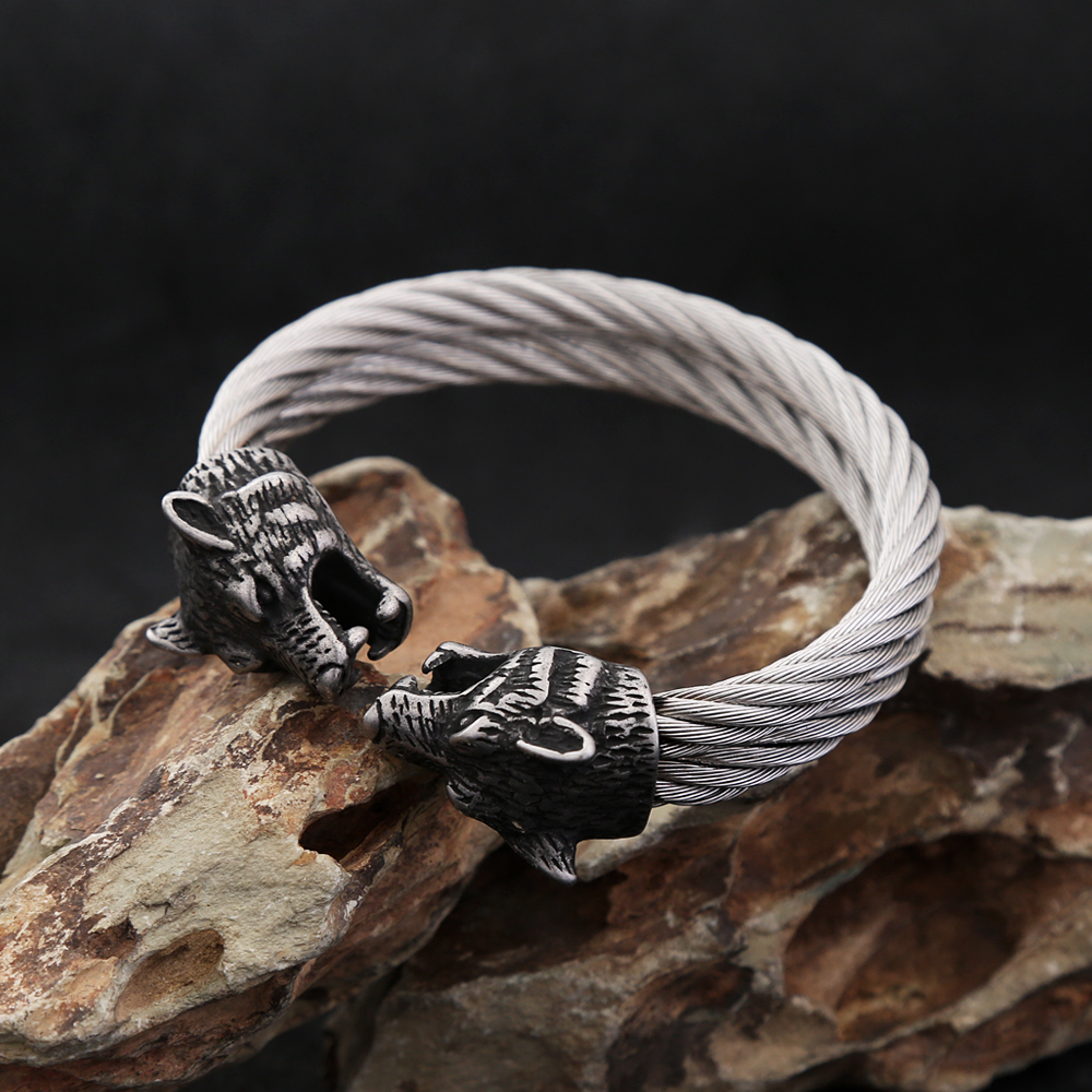 Fashion Retro Viking Double Wolf Head Bracelet for Men Punk Stainless Steel Twisted Cable Open Cuff Bangle Bracelet Dropshipping