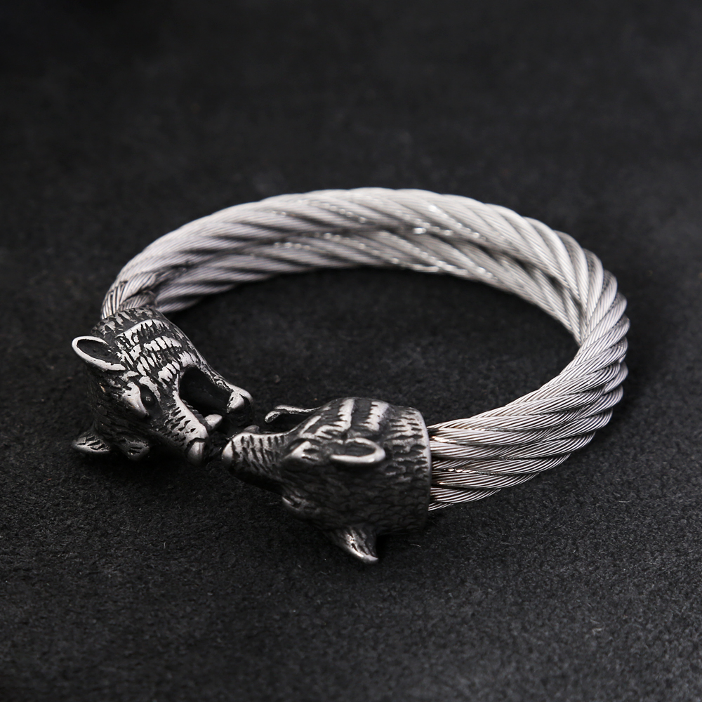 Fashion Retro Viking Double Wolf Head Bracelet for Men Punk Stainless Steel Twisted Cable Open Cuff Bangle Bracelet Dropshipping