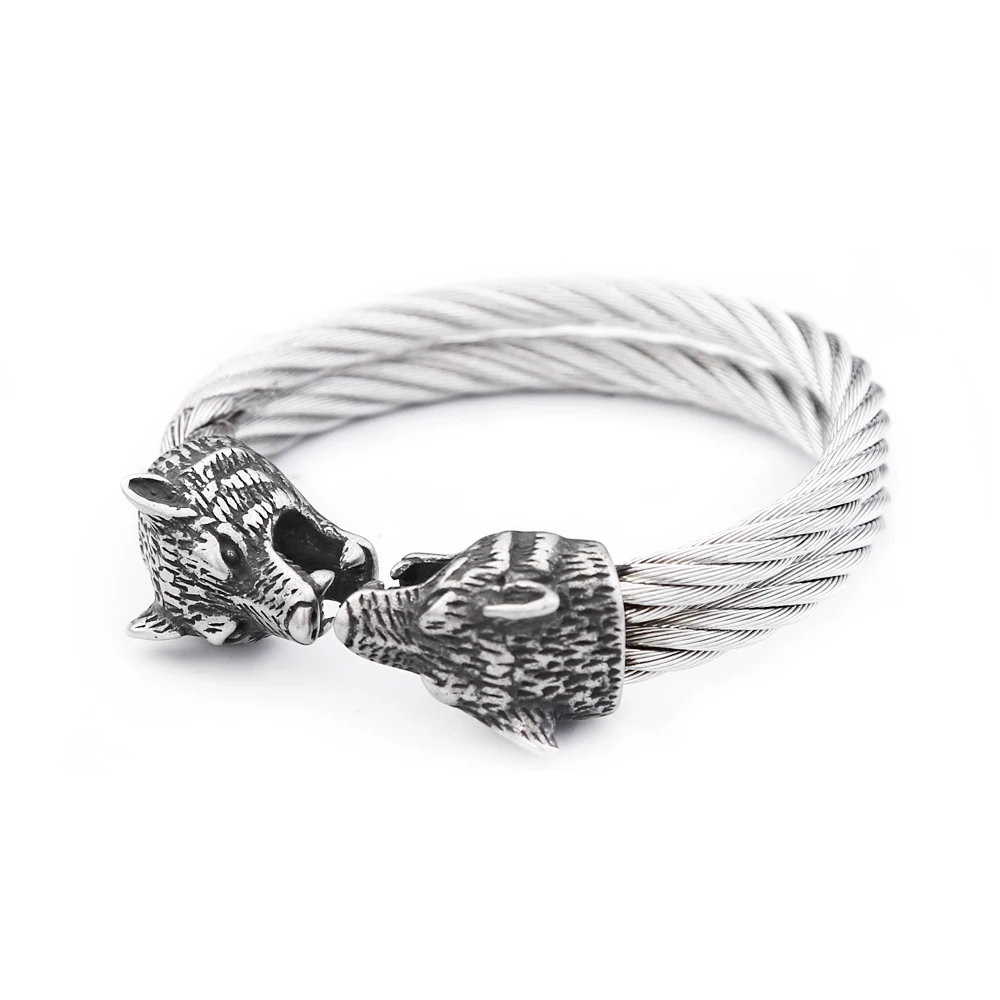 Fashion Retro Viking Double Wolf Head Bracelet for Men Punk Stainless Steel Twisted Cable Open Cuff Bangle Bracelet Dropshipping