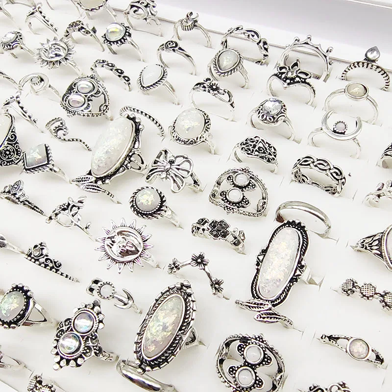 50pcs/Lot Wholesale Hot Big Fake Opal Carved Finger Rings for Women Party Beauty Crystal Flower Moon Sun Skull Crown Bar Jewelry