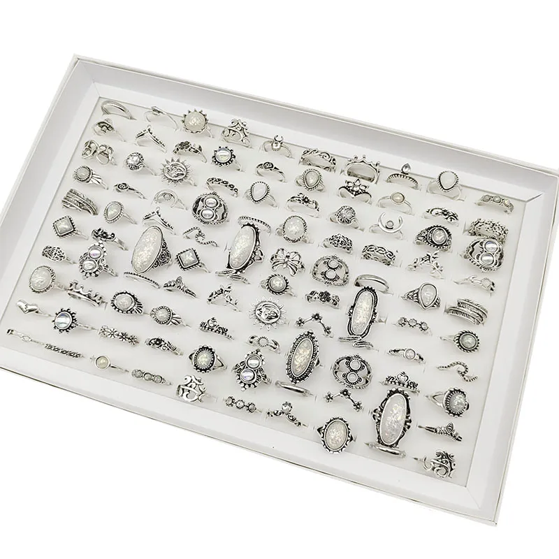50pcs/Lot Wholesale Hot Big Fake Opal Carved Finger Rings for Women Party Beauty Crystal Flower Moon Sun Skull Crown Bar Jewelry