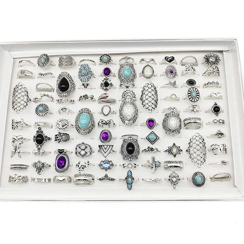 50pcs/Lot Wholesale Hot Big Fake Opal Carved Finger Rings for Women Party Beauty Crystal Flower Moon Sun Skull Crown Bar Jewelry