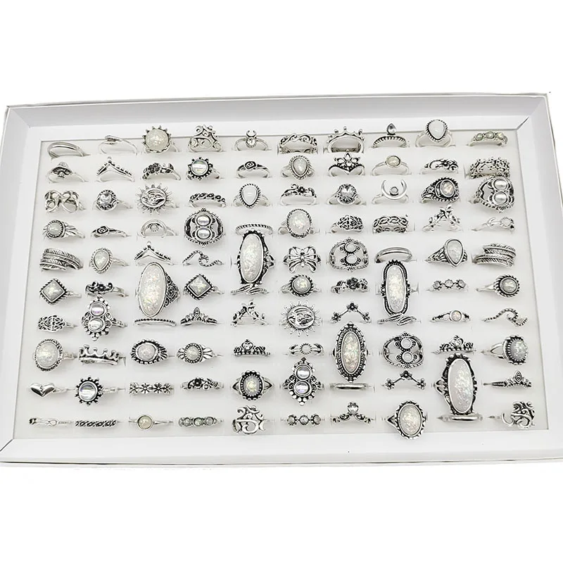 50pcs/Lot Wholesale Hot Big Fake Opal Carved Finger Rings for Women Party Beauty Crystal Flower Moon Sun Skull Crown Bar Jewelry